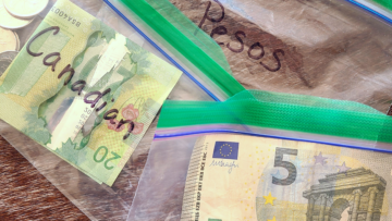 Bags of Canadian Dollars, Pesos, Euros Currency