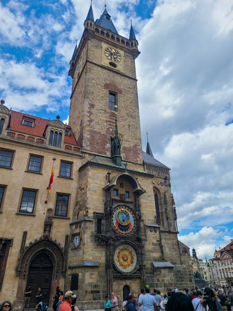 The astronomical clock in Prague, Czechia against a blue sky