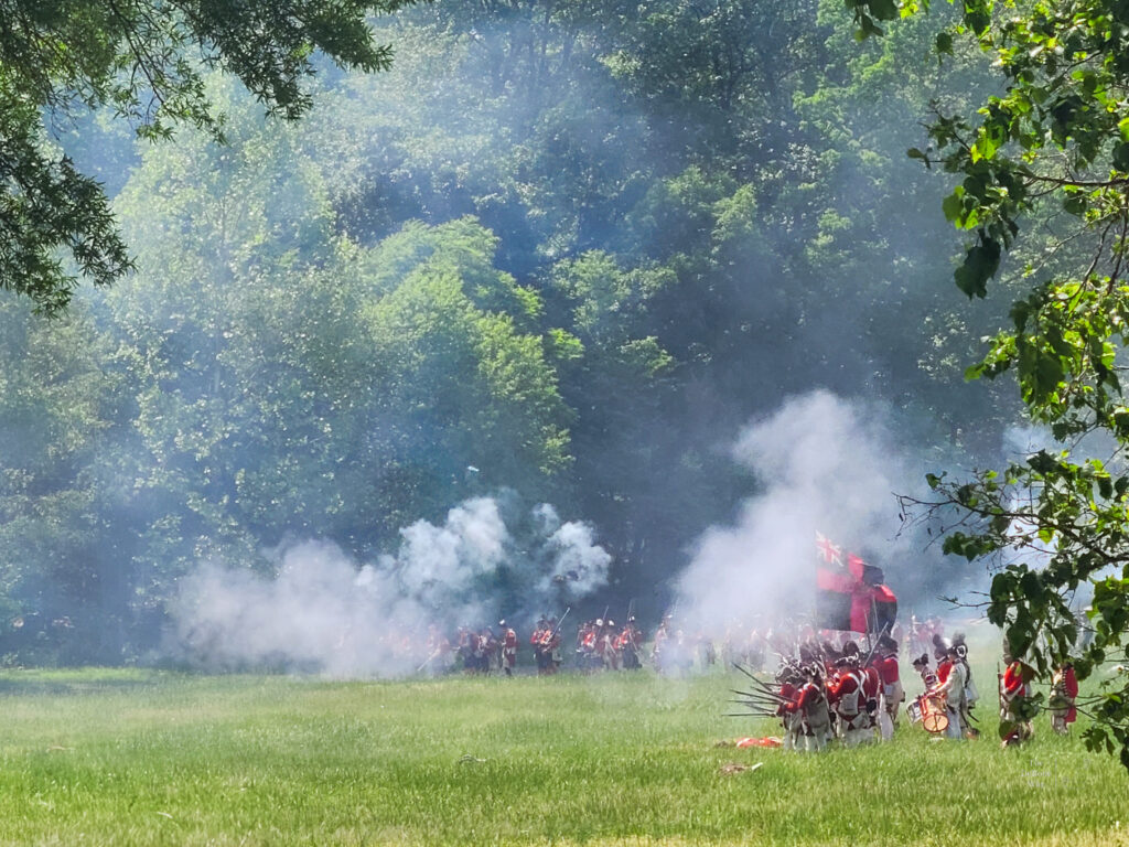 A reenactment of a British charge during the Revolutionary War at Mount Vernon