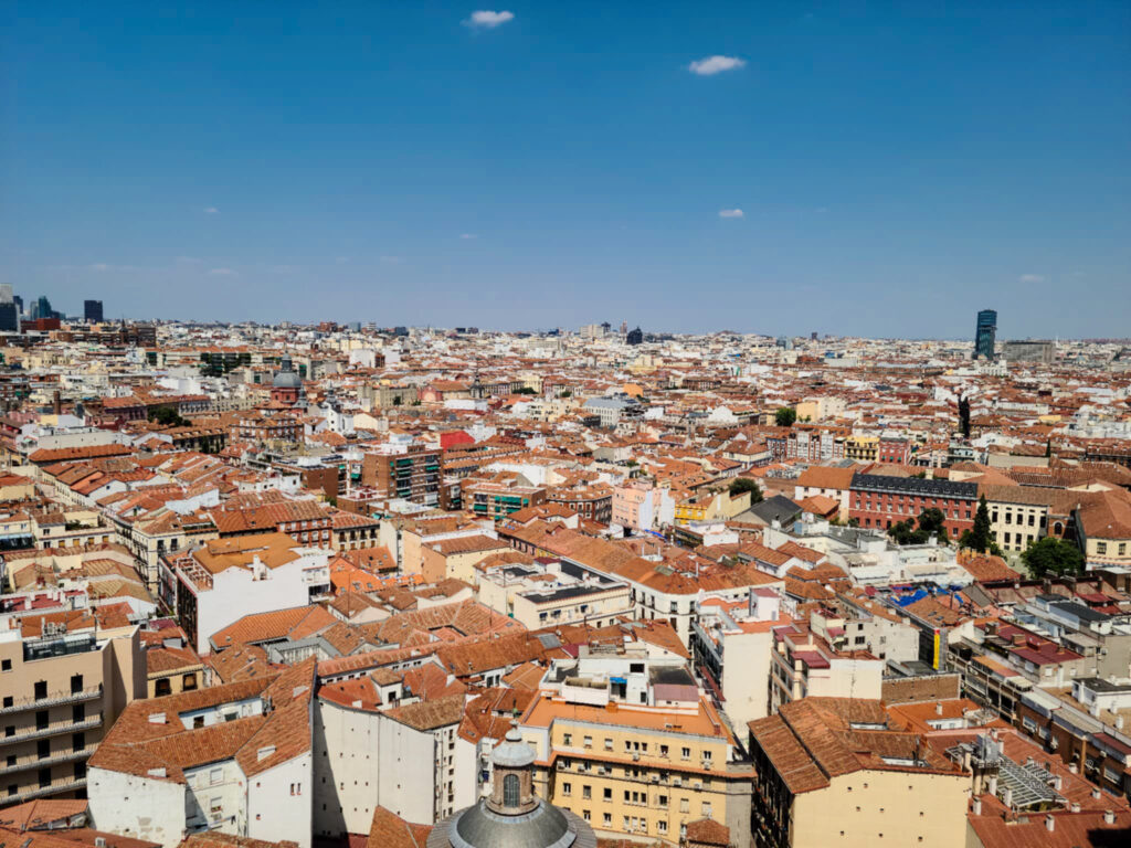 Looking north across the terracotta roofs of the Madrid skyline.
