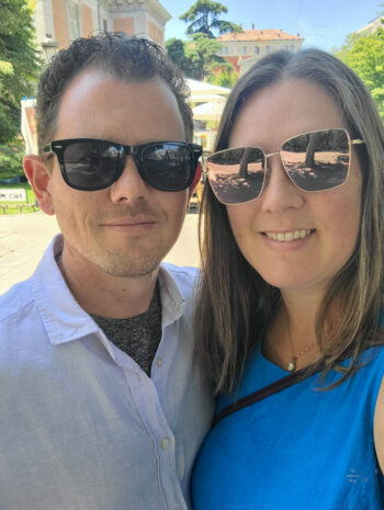 Jason and Tasha in front of the Prado Museum in their home base of Madrid, Spain