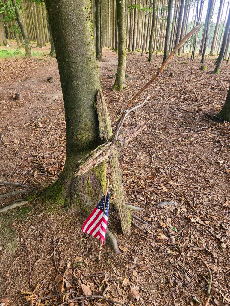 A rough wooden cross leaning against a tree with an American flag stuck in the ground next to it in the Ardennes Forest