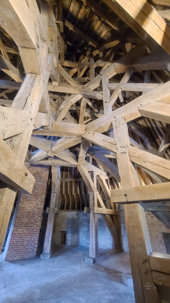 The huge wooden beams holding up the structure of the roofs of the round towers at Chateau de Lavaux-Sainte-Anne