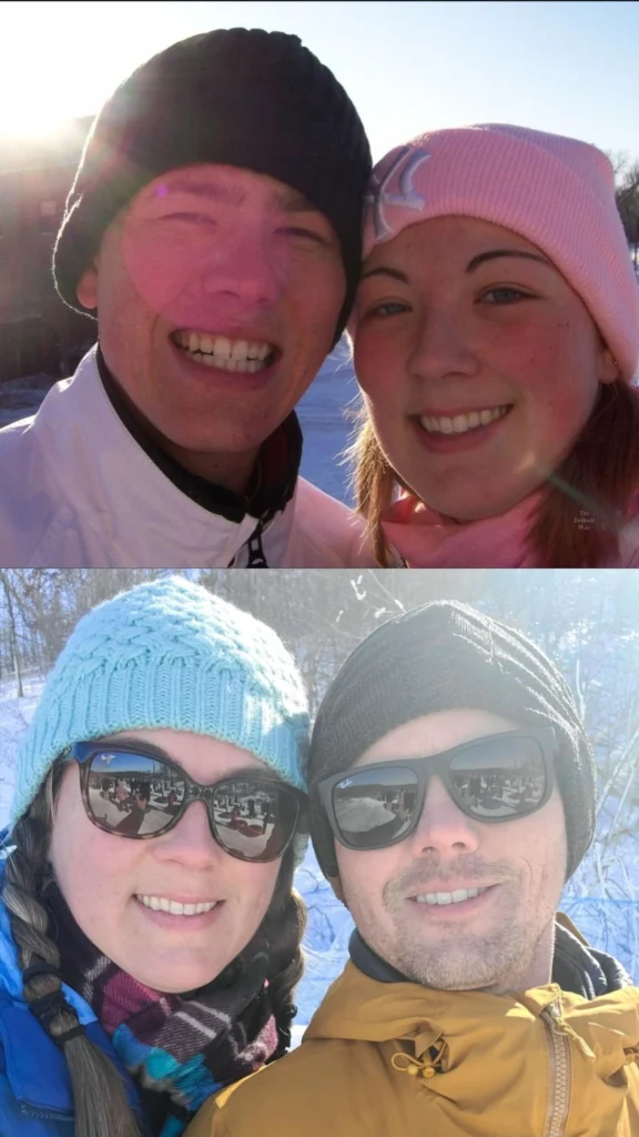 Top photo of us bundled up to go snow tubing way back in college. Bottom photo of us bundled up to go tubing in Weston.