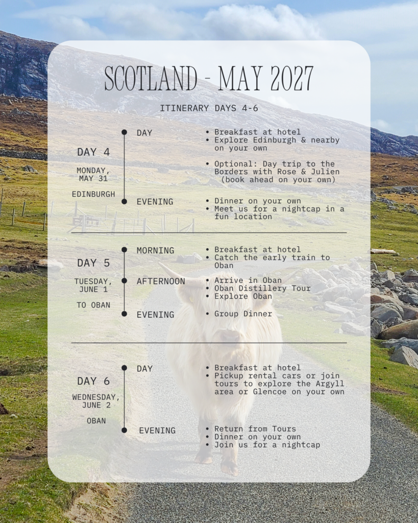 Itinerary for days 4-6 of the Scotland trip.