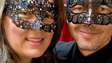 Tasha and Jason in New York City in masquerade masks and black tie