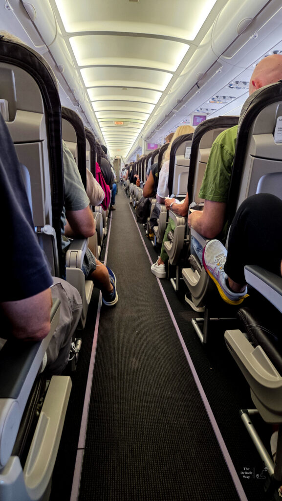 Aisle view from the back of the plane on our journey from Zurich to Copenhagen.